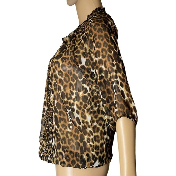 Express Women's Sheer Leopard Cheetah‎ Blouse Top XS Ruffled Pullover Style - Picture 4 of 10